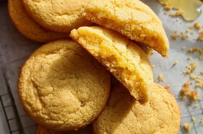 Freshly baked Honey Butter Cornbread Cookies on a wooden tray