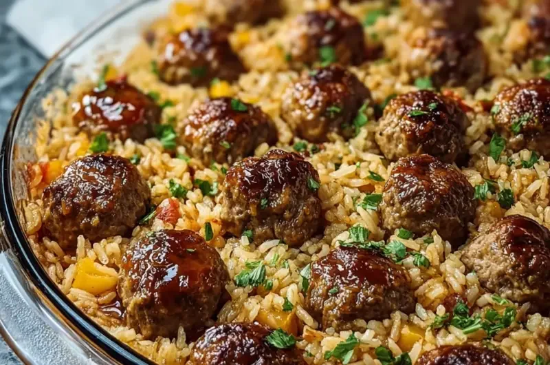 Honey Garlic Meatball Rice Bake with meatballs and rice in a savory sauce