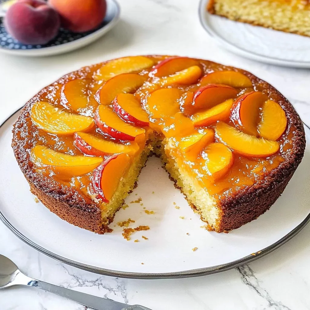 Delicious Peach Upside-Down Cake slice on a plate