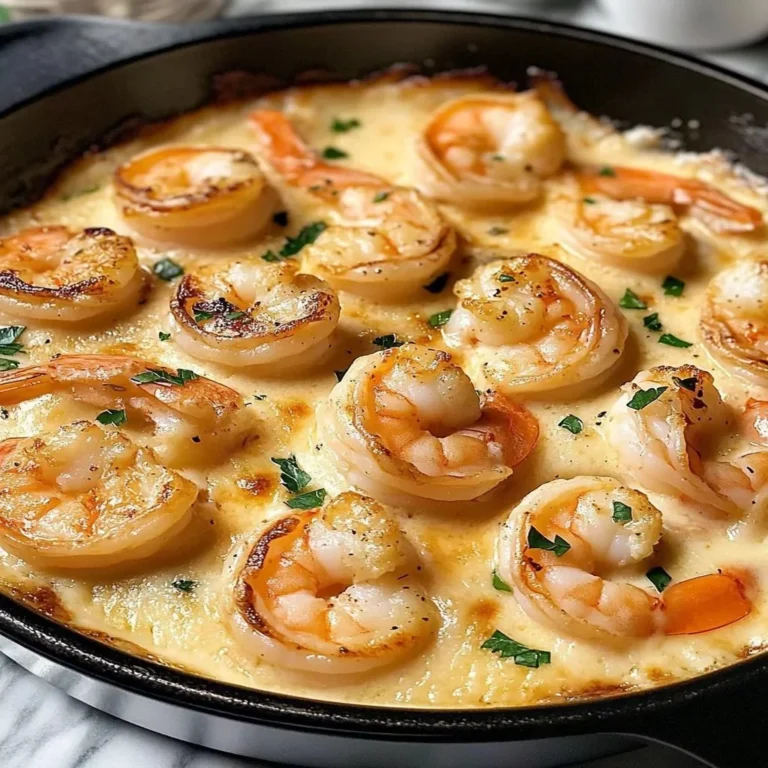 Keto Garlic Shrimp Au Gratin dish topped with melted cheese
