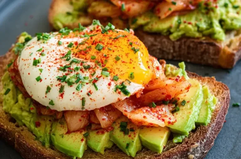 Kimchee avocado toast topped with fresh ingredients and garnished on a plate.