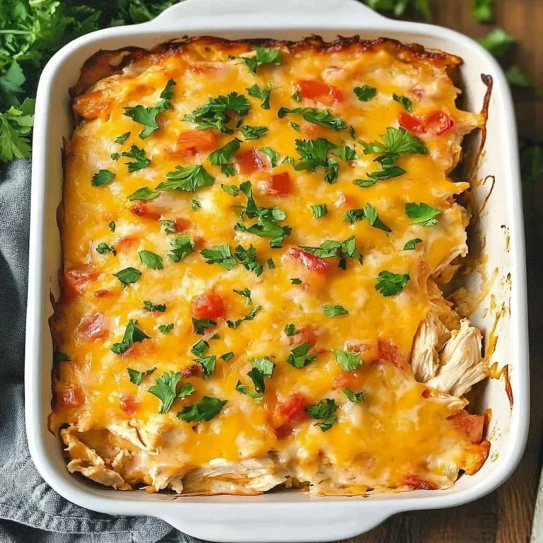 Delicious King Ranch Chicken casserole topped with cheese and peppers