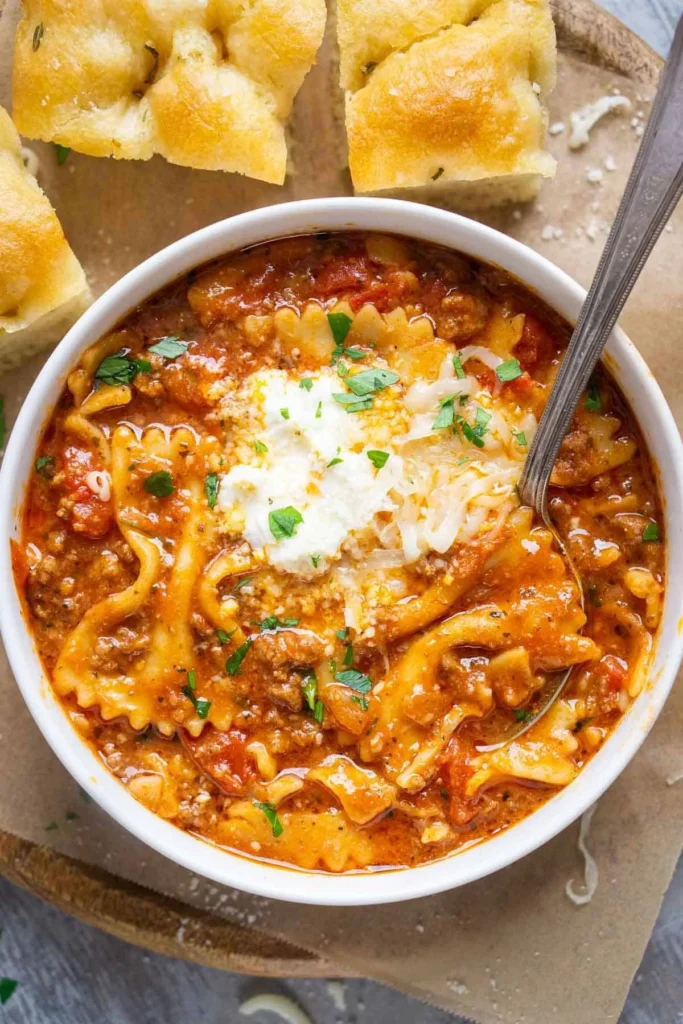 Bowl of delicious lasagna soup topped with cheese and herbs