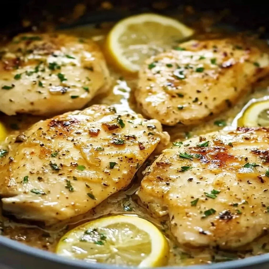 Plate of Lemon Garlic Chicken with herbs and lemon slices