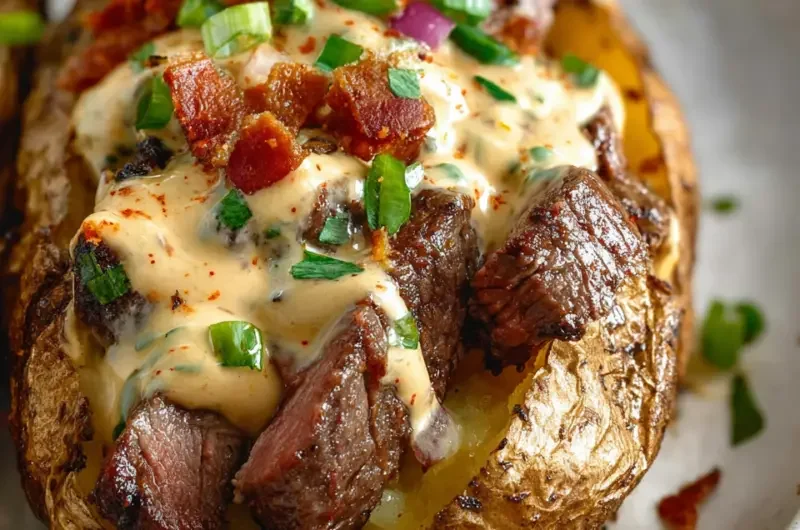 Loaded baked potato topped with steak and garnished with herbs
