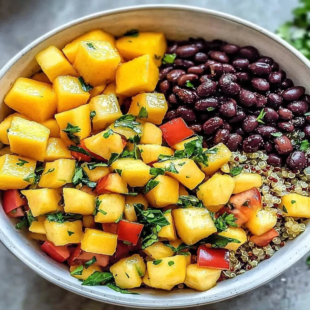 Colorful Mango Black Bean Quinoa Bowl with fresh ingredients
