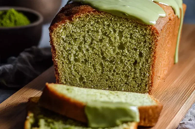 Delicious slice of matcha pound cake with a vibrant green hue and a cup of tea
