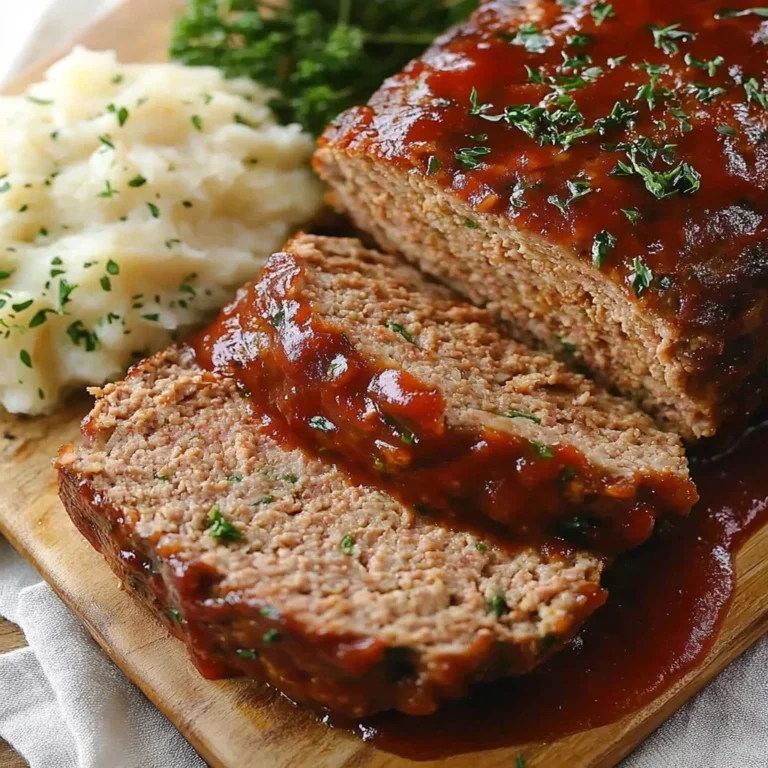 Delicious homemade meatloaf served with mashed potatoes and gravy.