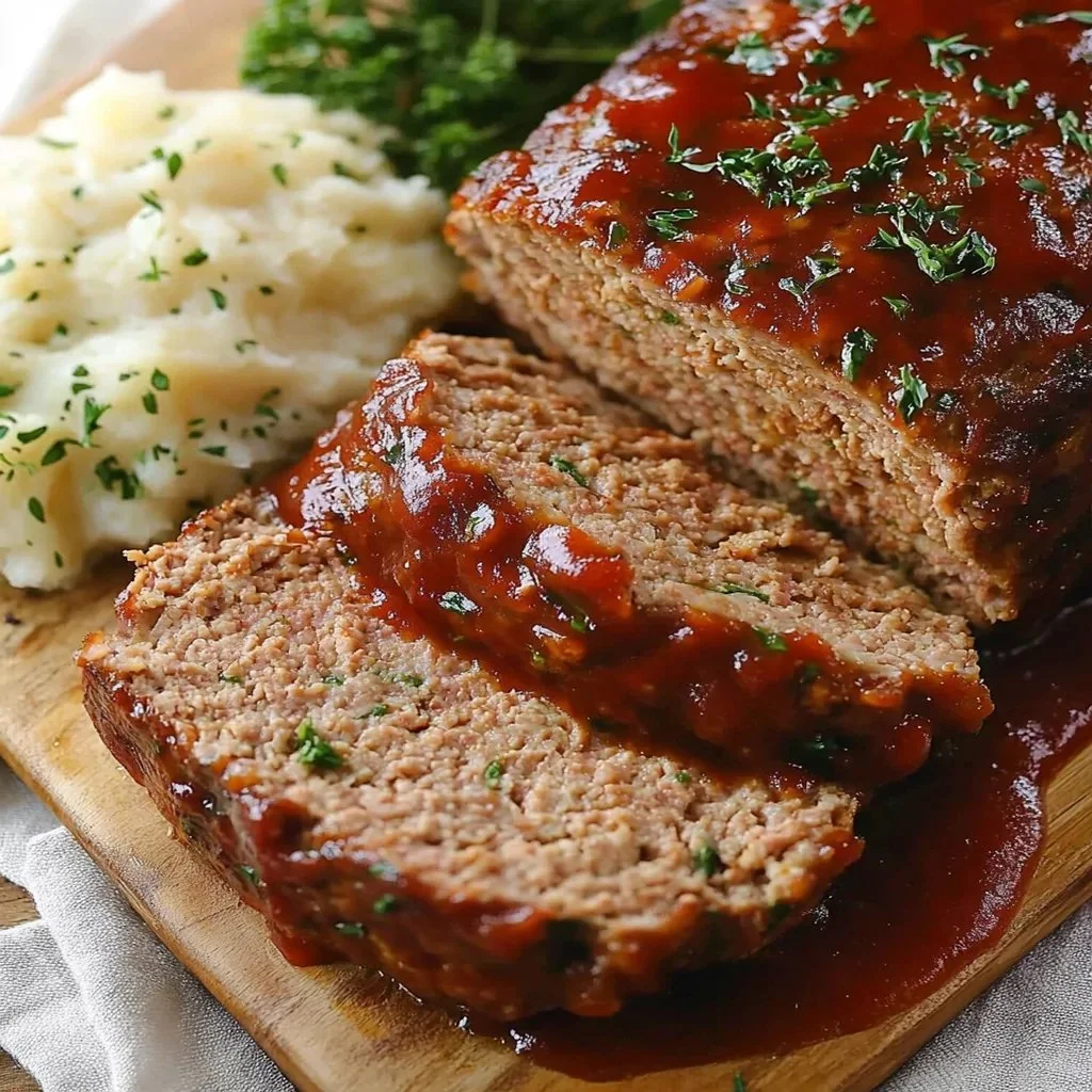 Delicious homemade meatloaf served with mashed potatoes and gravy.