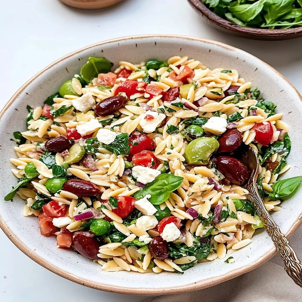 A vibrant Mediterranean Orzo Salad with colorful vegetables and herbs.