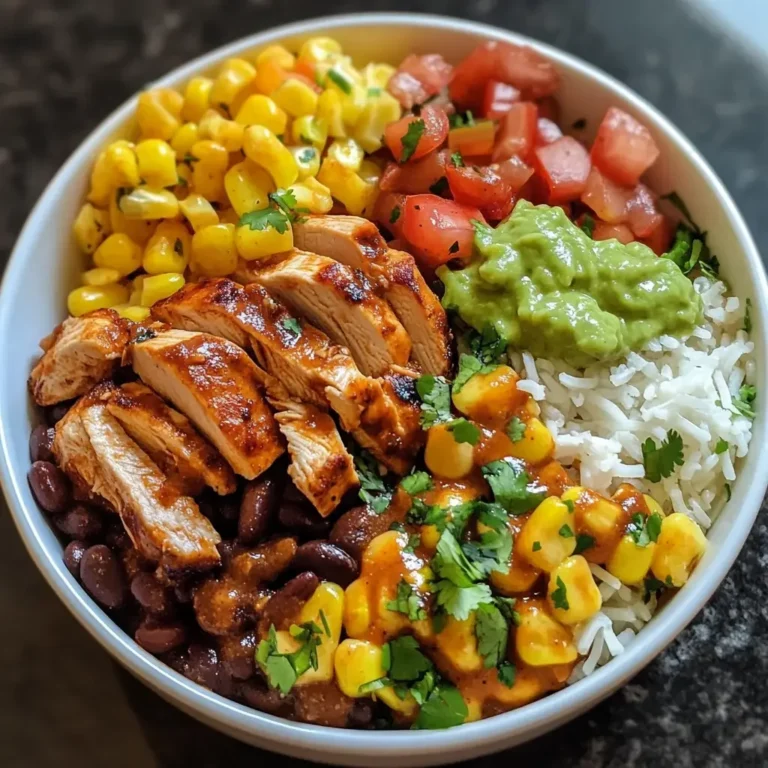 Delicious Mexican Chicken Burrito Bowl filled with chicken, rice, and fresh toppings