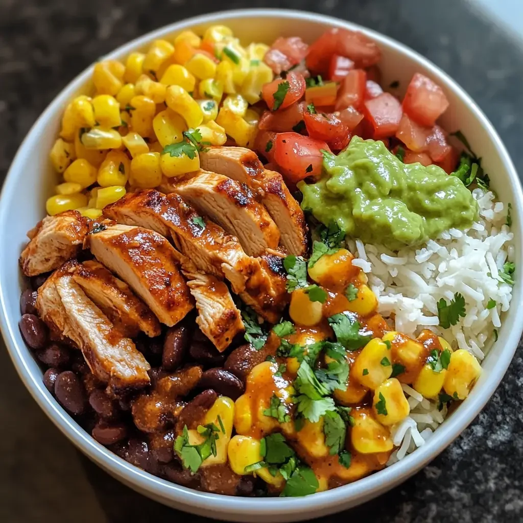 Delicious Mexican Chicken Burrito Bowl filled with chicken, rice, and fresh toppings
