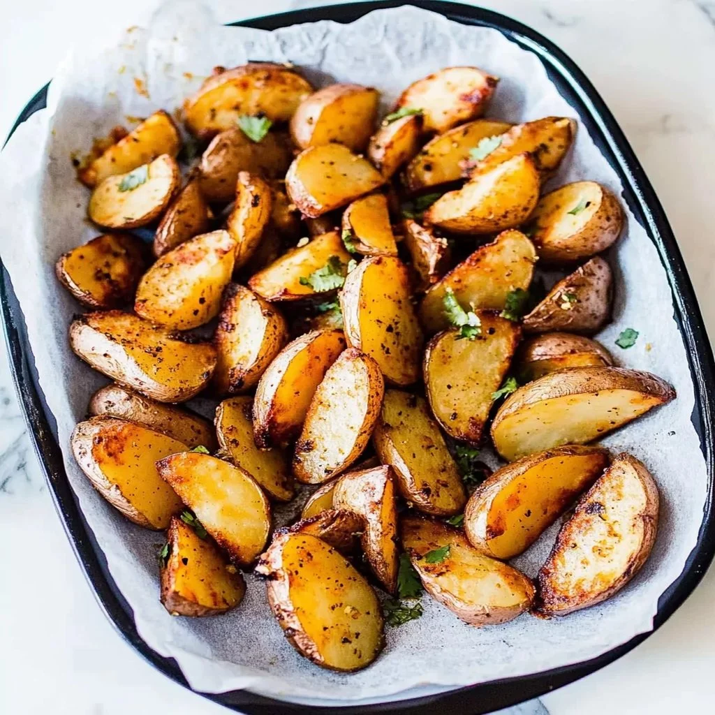 Deliciously seasoned Mexican potatoes served garnished with cilantro and lime.