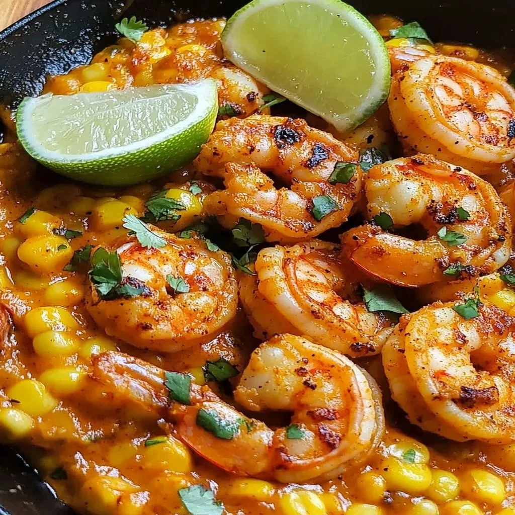 Delicious Mexican street corn topped with shrimp and spices.