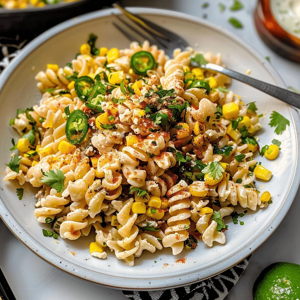 Bowl of Mexican Street Corn Pasta Salad topped with cilantro and lime