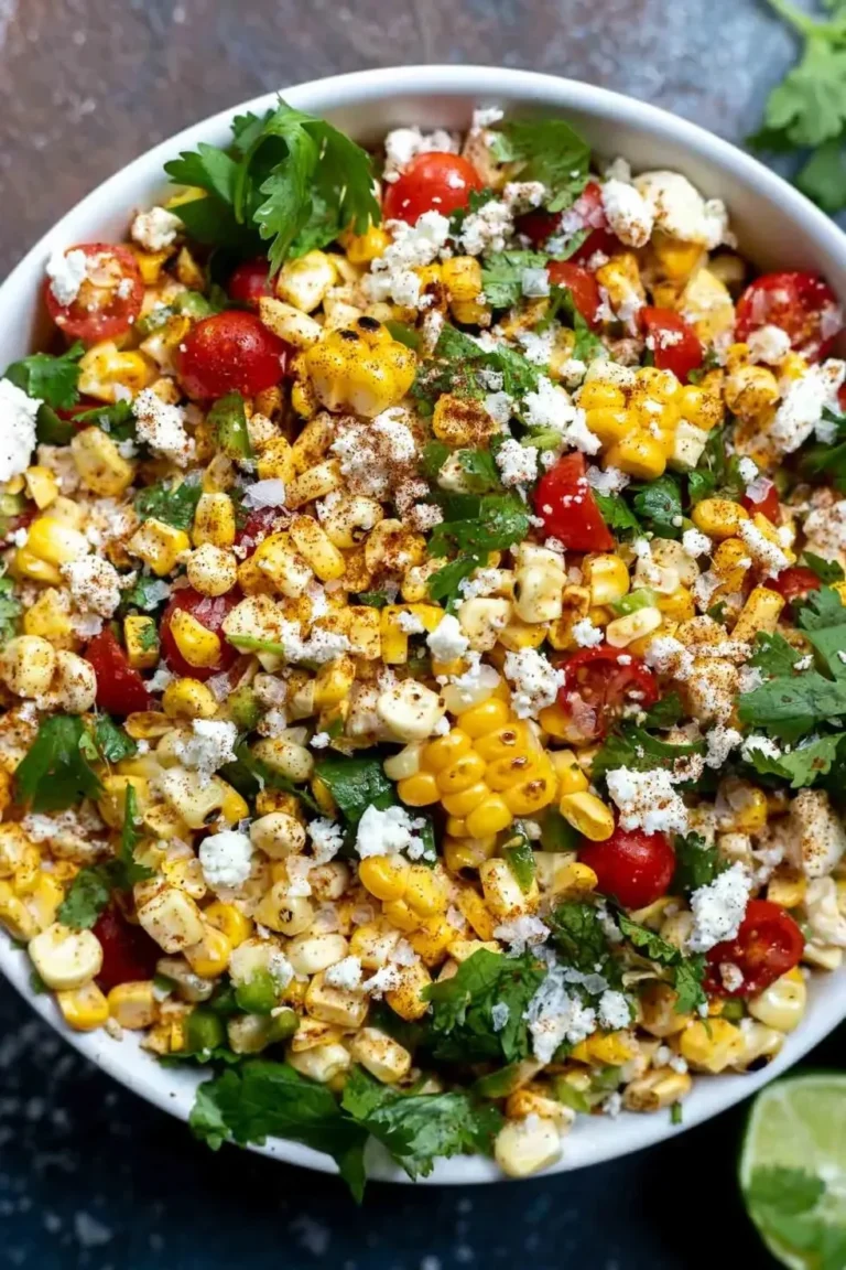 Colorful Mexican street corn salad with corn, lime, and cheese.
