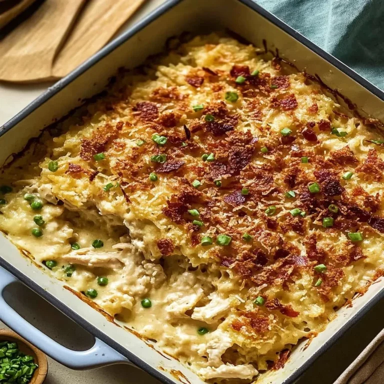 Delicious Million Dollar Chicken Casserole topped with cheese and herbs