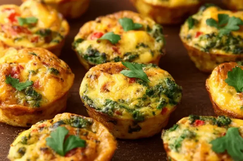 Baked mini frittata muffins with colorful vegetables and herbs