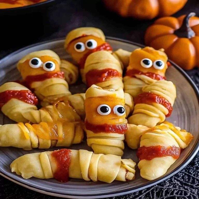 Mini Mummy Hot Dogs wrapped in dough for a fun Halloween snack