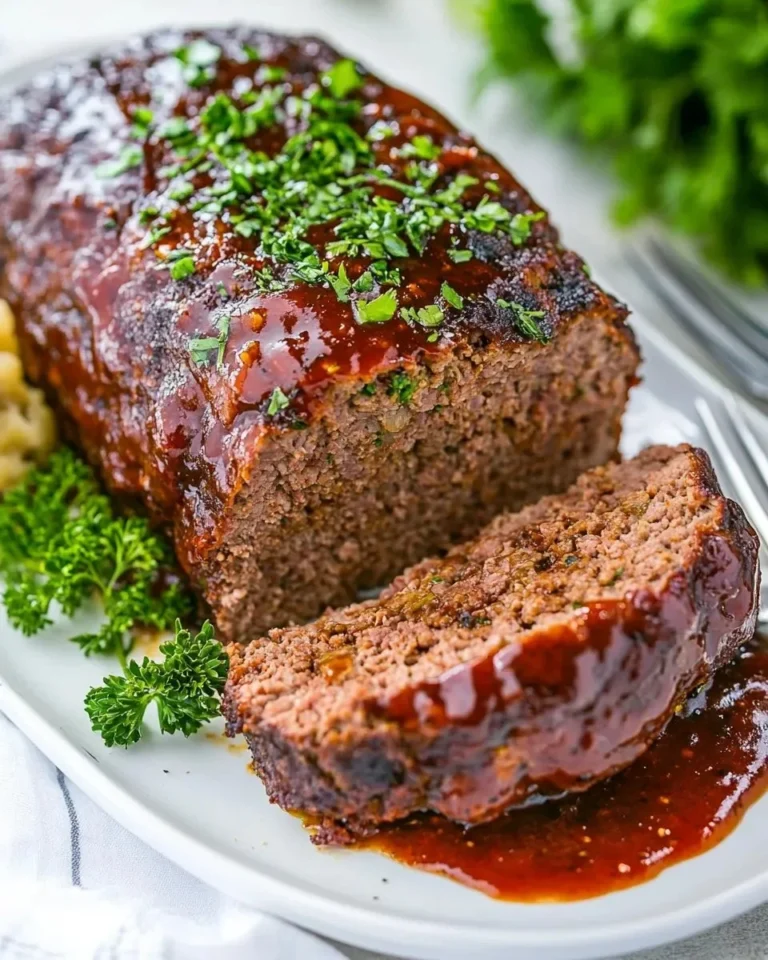 Delicious meatloaf garnished with herbs on a wooden serving board.