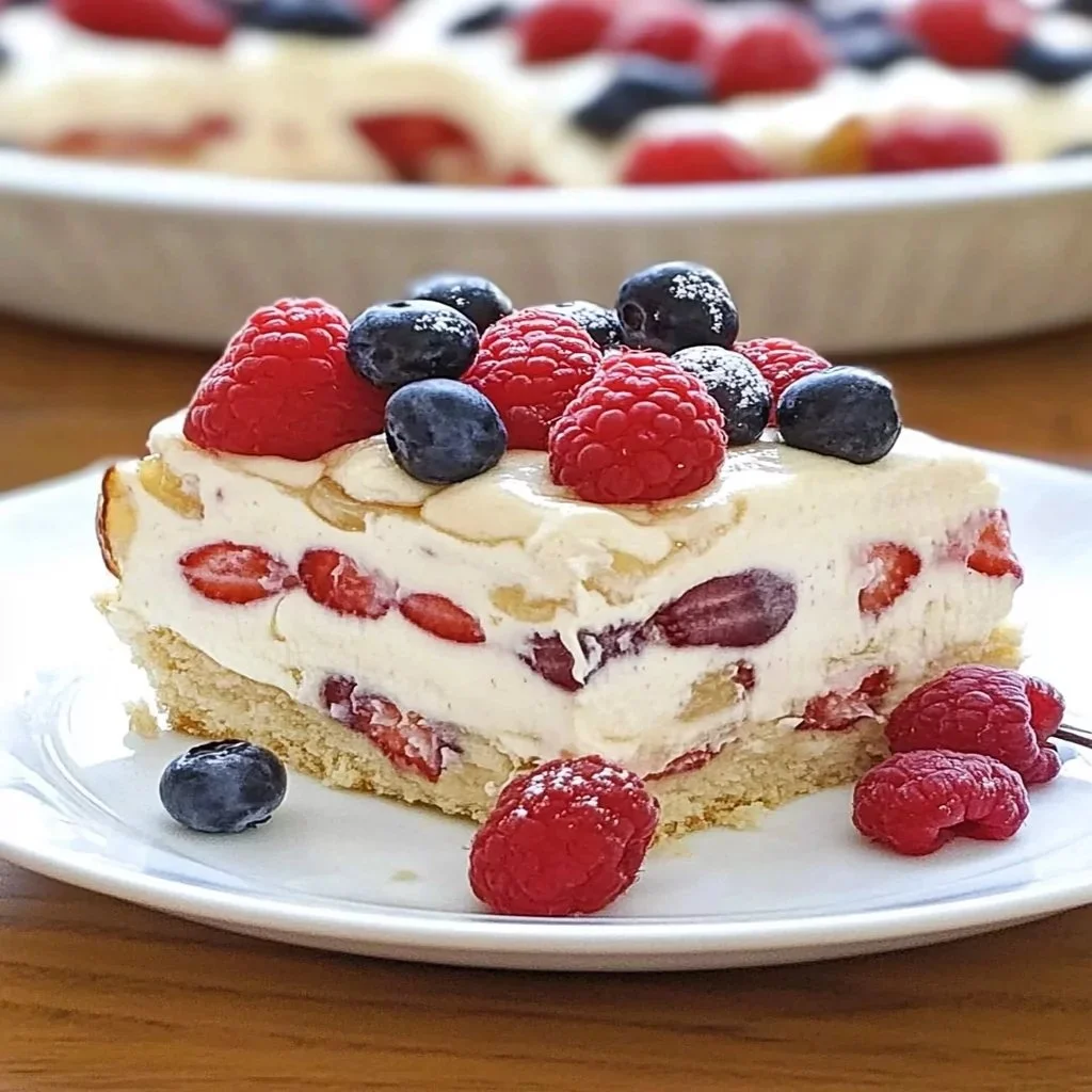 Delicious no-bake summer cheesecake topped with fresh berries and whipped cream.
