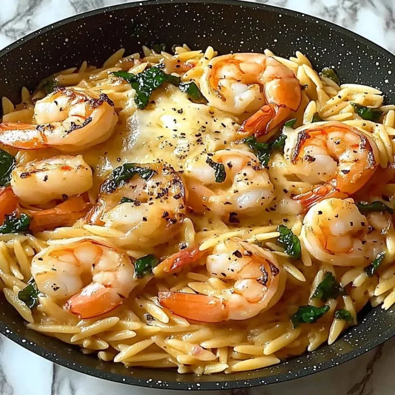 One Pan Parmesan Orzo featuring shrimp and fresh ingredients.