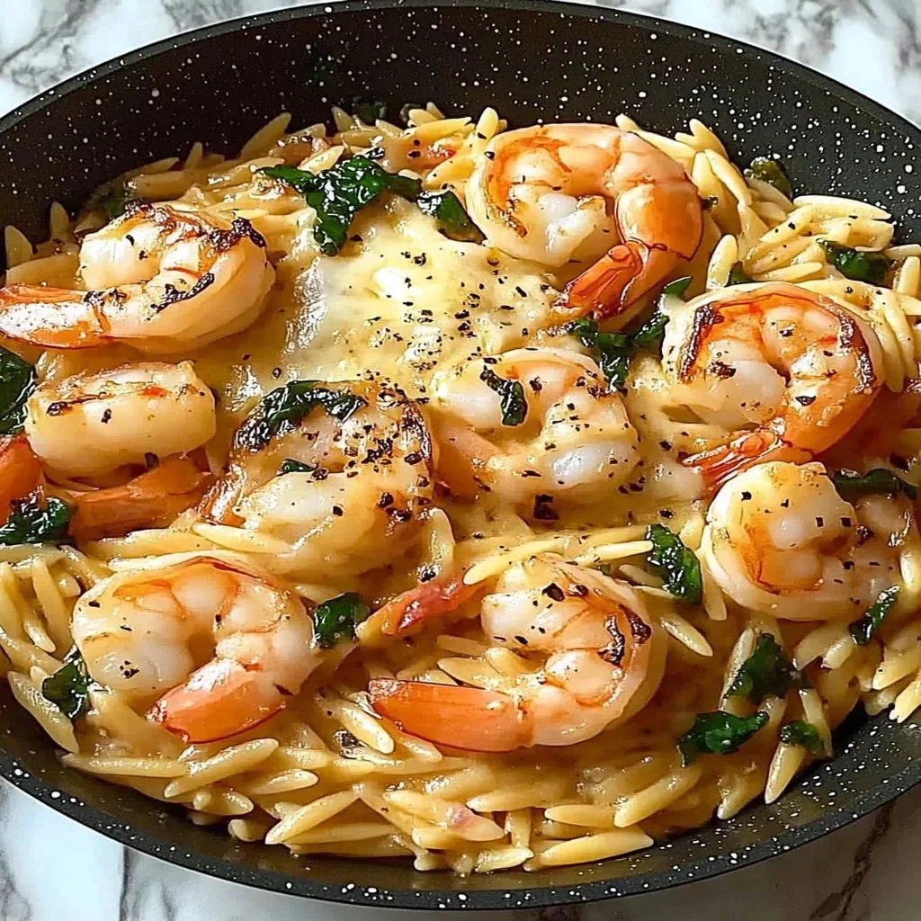 One Pan Parmesan Orzo featuring shrimp and fresh ingredients.