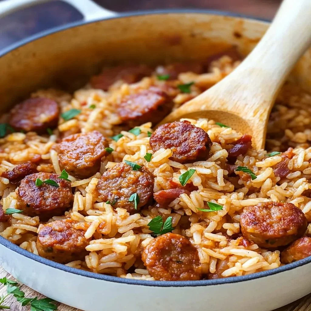 One-Pot Sausage and Rice dish served in a bowl with colorful vegetables