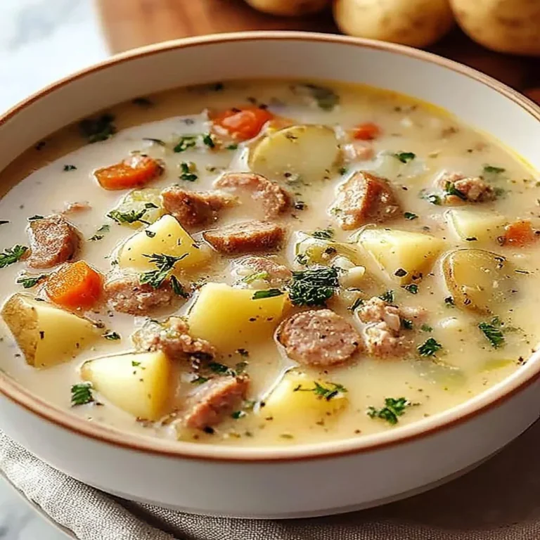 Bowl of sausage potato soup topped with herbs, ready in 30 minutes.