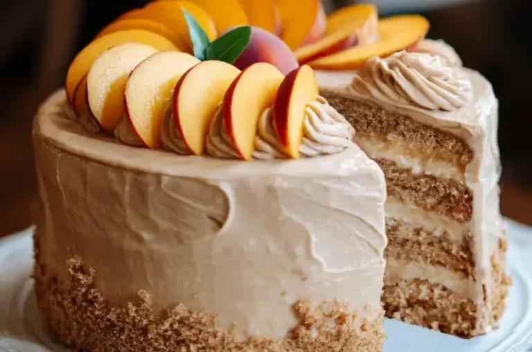 Delicious Peach Cake topped with creamy Brown Sugar Frosting on a rustic table.
