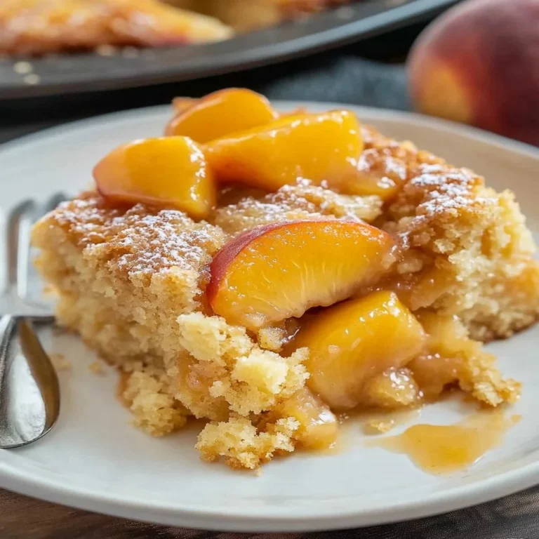 Delicious peach cobbler dump cake topped with fresh peaches and crumble.