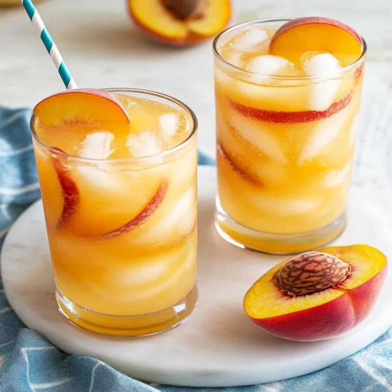Chilled Peach Frosted Lemonade topped with fresh peach slices