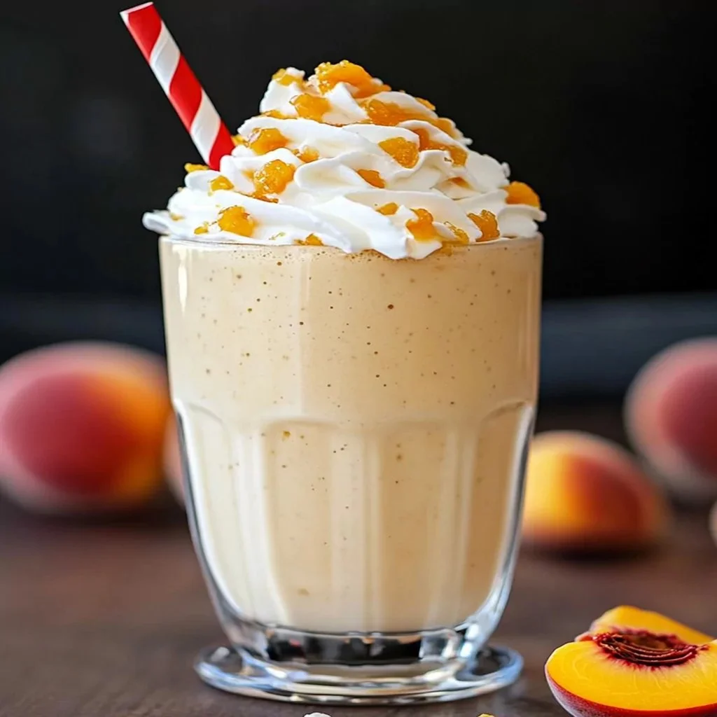 Delicious homemade peach milkshake topped with whipped cream and fresh peach slices.