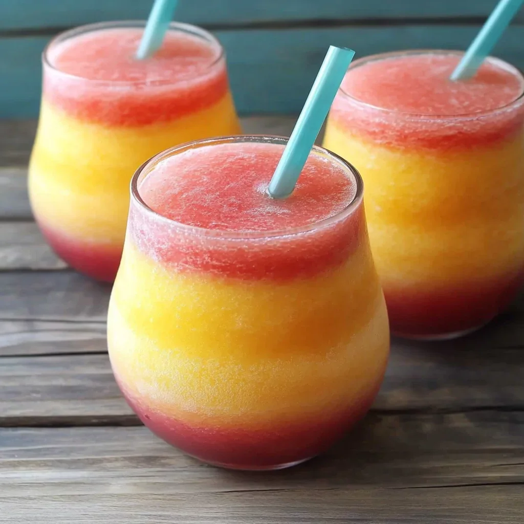 Refreshing peach wine slushies served in a glass with ice.