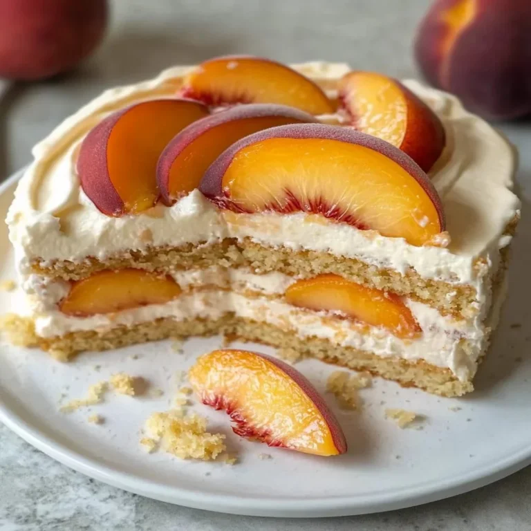 Delicious Peaches and Cream Bar Cake slice on a plate with fresh peaches