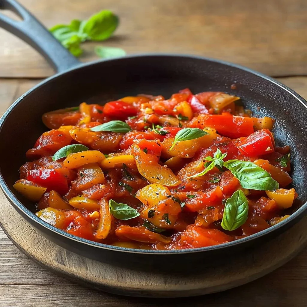 Delicious Peperonata made with fresh bell peppers, tomatoes, and herbs.