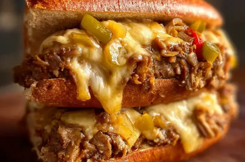 Philly Cheesesteak Sloppy Joes with melted cheese and chopped steak on a bun
