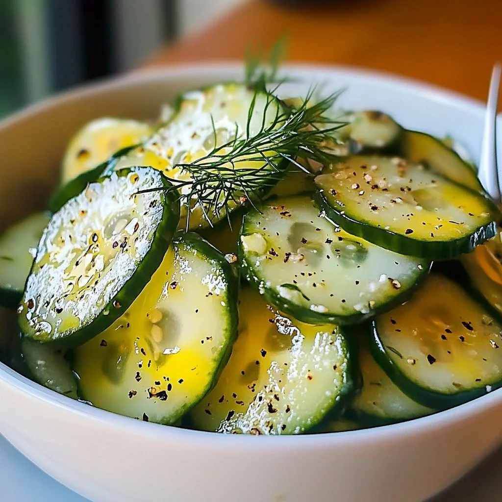 Fresh pickle juice cucumber salad served in a bowl with herbs and spices