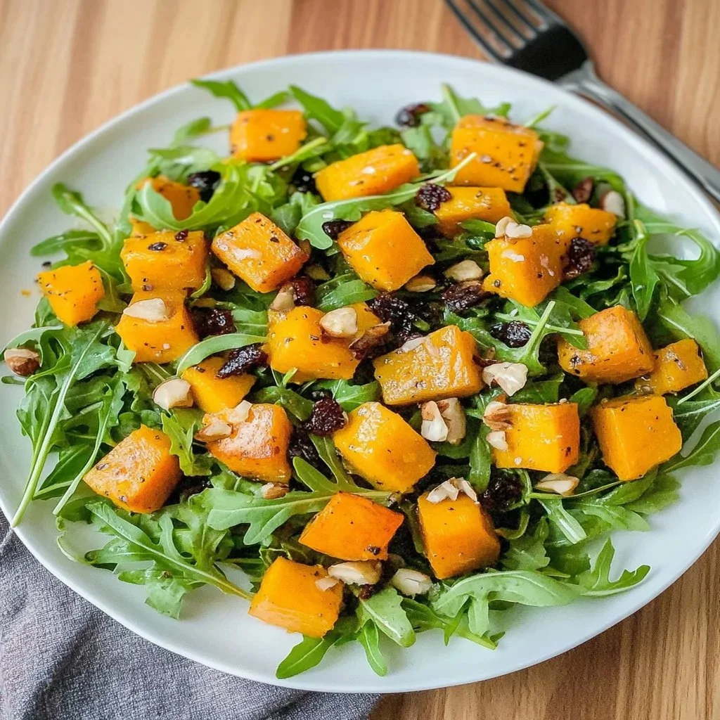 A fresh and colorful Pumpkin Arugula Salad topped with nuts and dressing.