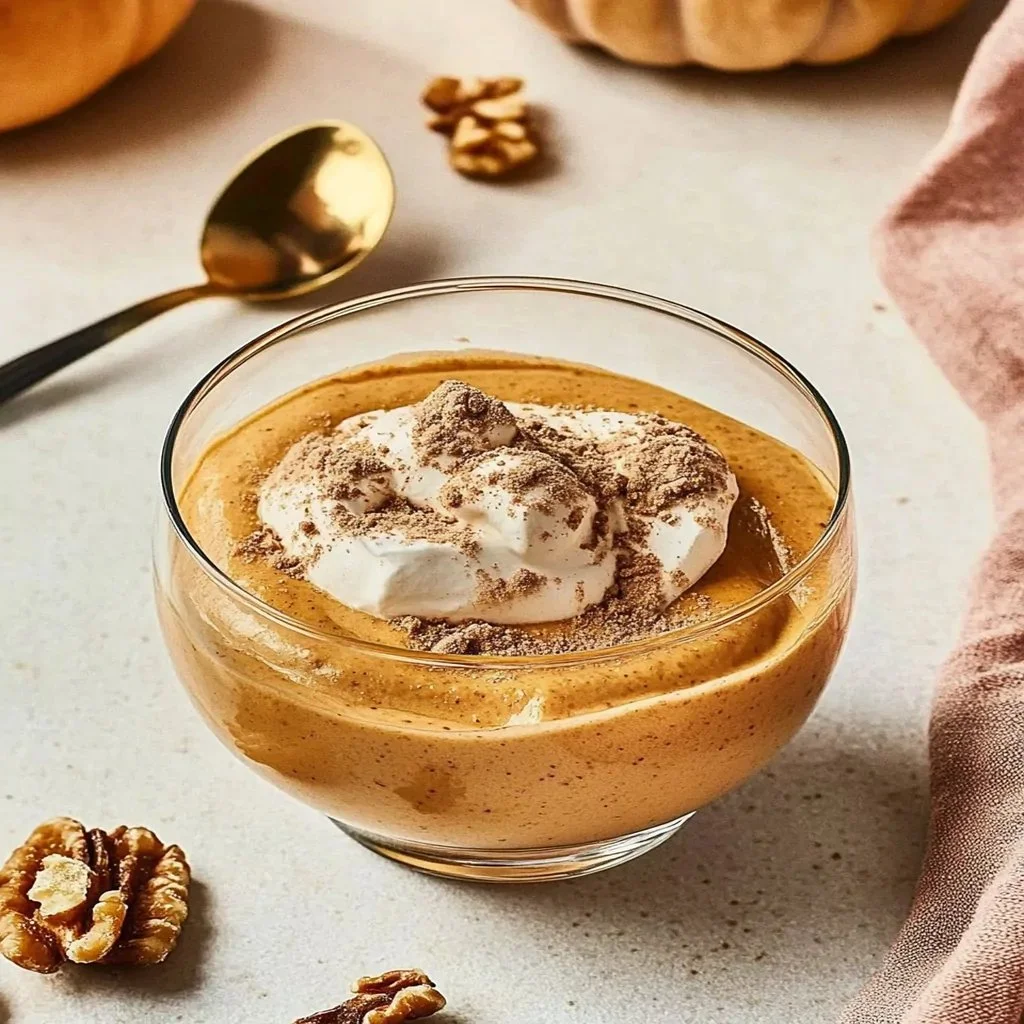 Delicious Pumpkin Mousse served in a dessert bowl, topped with whipped cream.