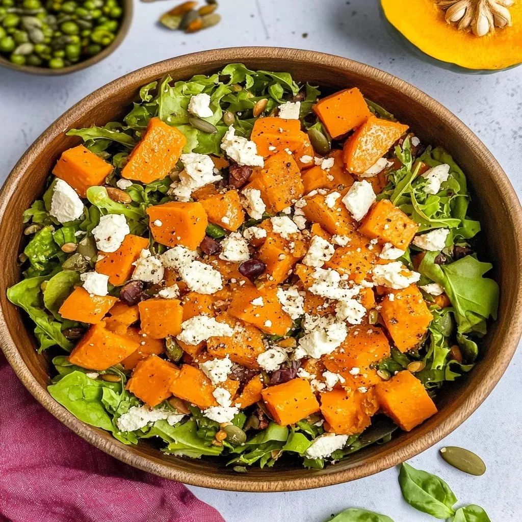 Colorful pumpkin salad bowl with fresh vegetables and dressing