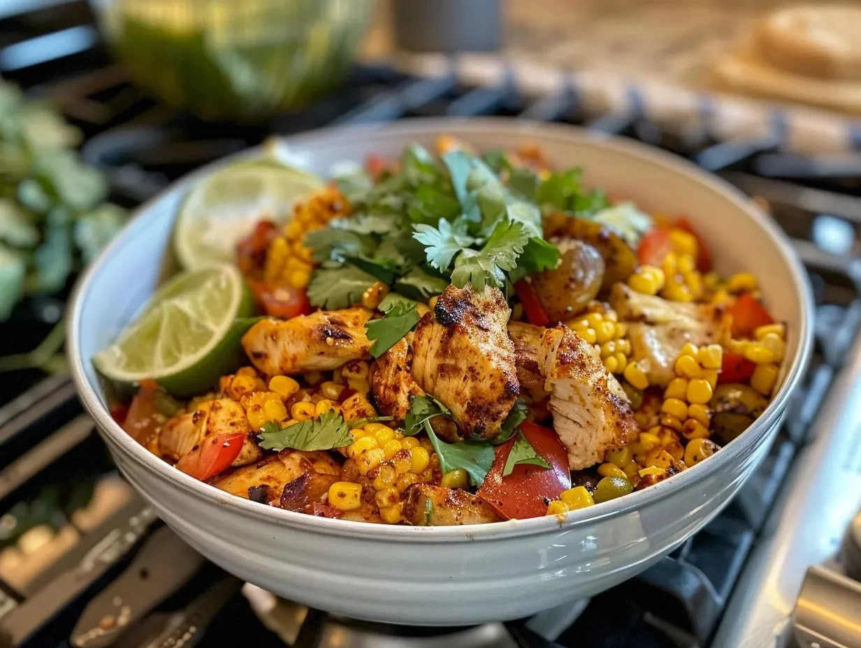 Quick Mexican Street Corn Chicken Bowl topped with fresh ingredients and spices