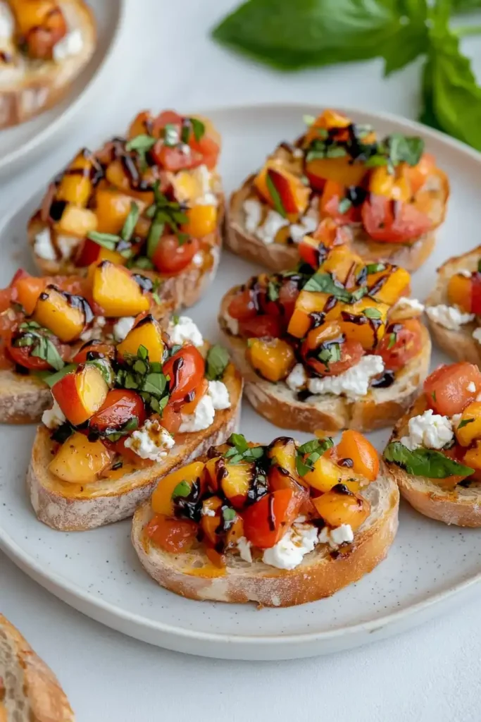 Quick peach bruschetta with whipped ricotta on toasted bread