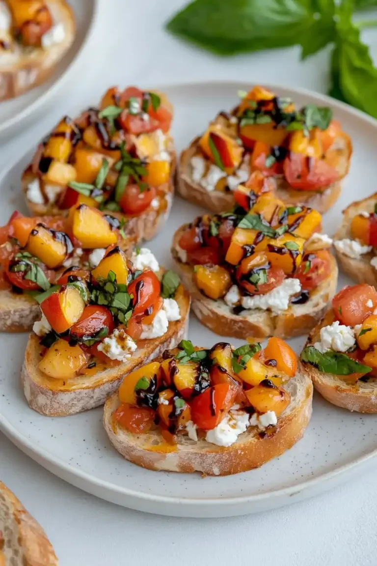 Quick peach bruschetta with whipped ricotta on toasted bread