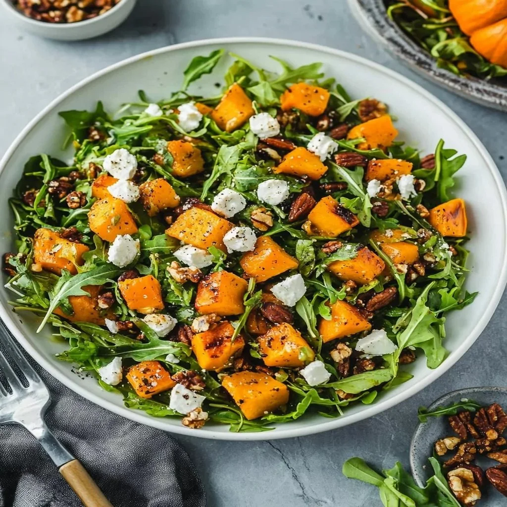 A vibrant roasted pumpkin salad with greens and nuts, perfect for fall.