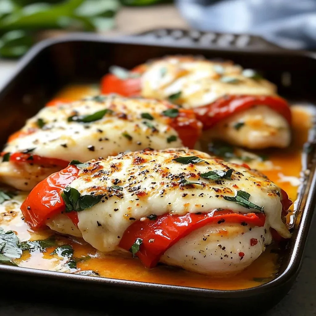 Delicious roasted red pepper and mozzarella stuffed chicken on a plate