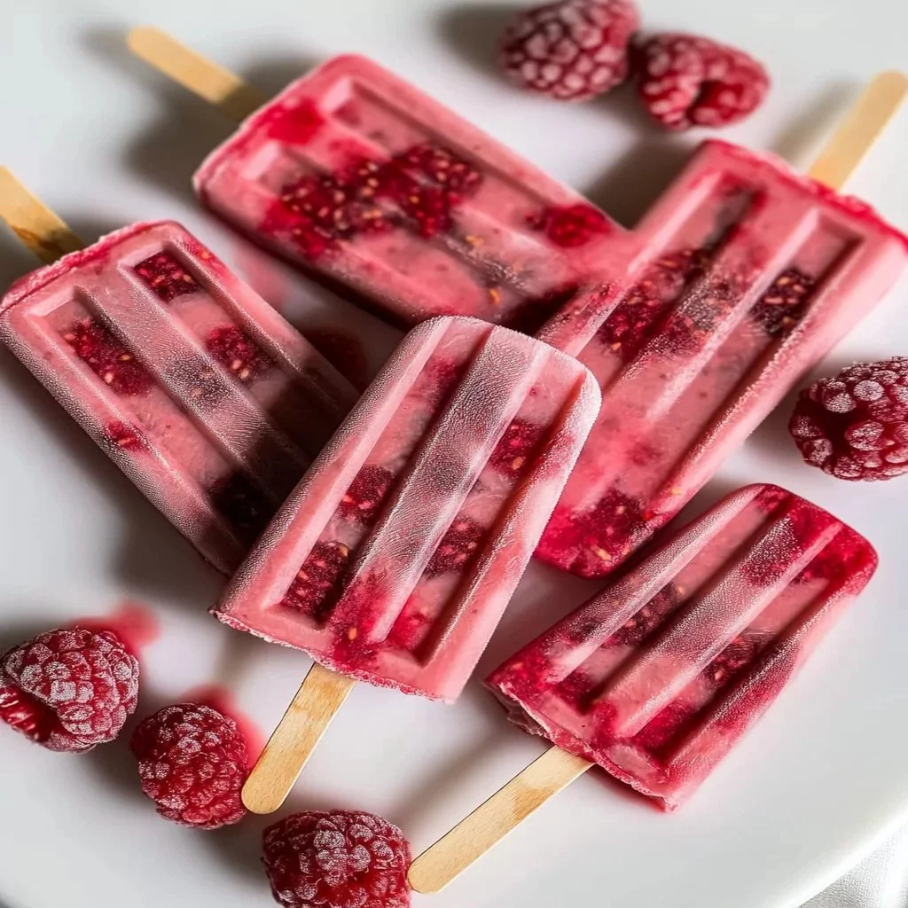 Homemade rose raspberry popsicles served on a wooden stick