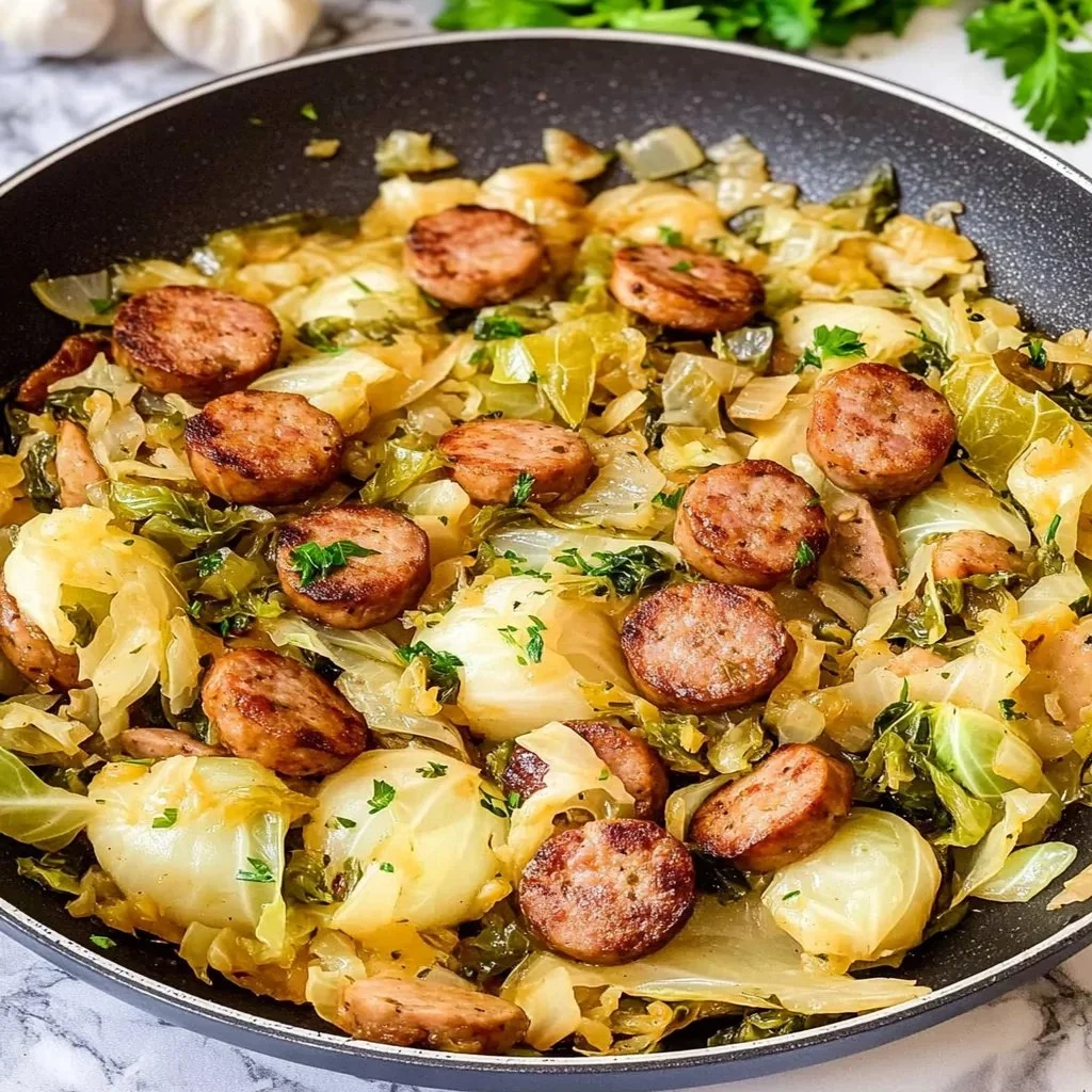 Sausage and Cabbage Skillet dish, showcasing vibrant ingredients and savory flavors.