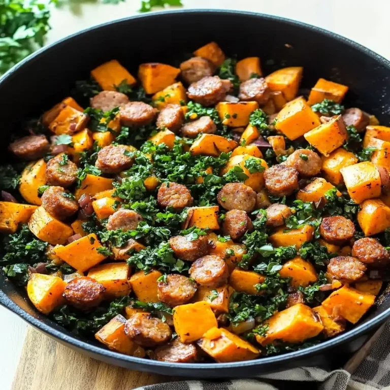 Sausage and Sweet Potato Hash served in a skillet with colorful veggies