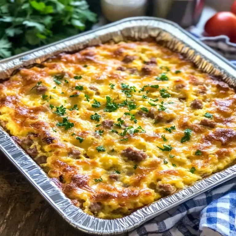 Sausage Breakfast Casserole topped with cheese and herbs, ready to serve.